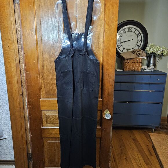 Womens Large Black Button Denim Wide Leg Overalls New - Picture 2 of 7